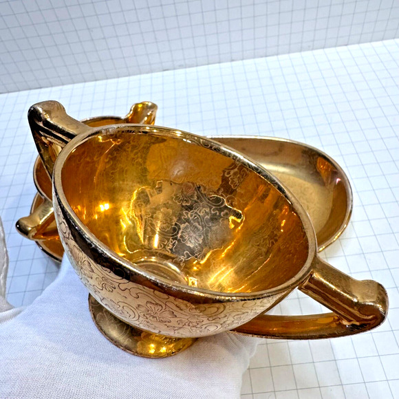 VTG MCM Lady Hamilton 22k Warranted Gold Cup Pair Floral Etching w Saucer Set - Picture 9 of 16